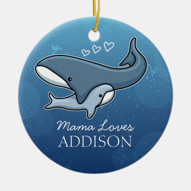 Personalised Cute Mum Baby Whale, Add Kids Name Ceramic Ornament (Front)