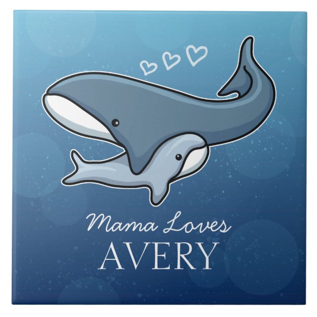 Personalised Cute Mum Baby Whale, Add Kids Name Ceramic Tile (Front)