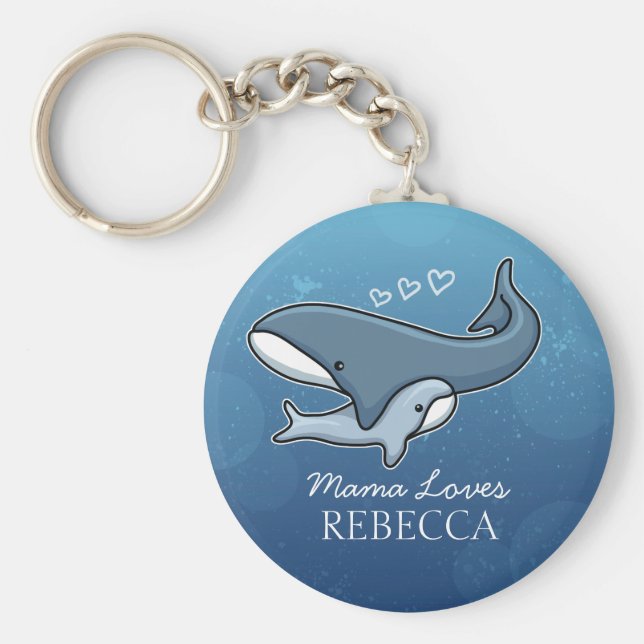 Personalised Cute Mum Baby Whale, Add Kids Name Key Ring (Front)