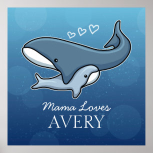 Personalised Cute Mum Baby Whale, Add Kids Name Poster