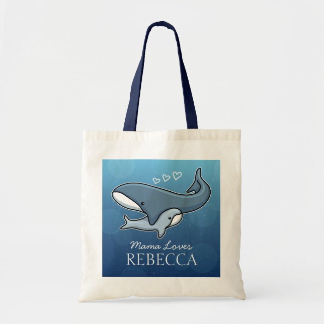 Personalised Cute Mum Baby Whale, Add Kids Name Tote Bag (Front)