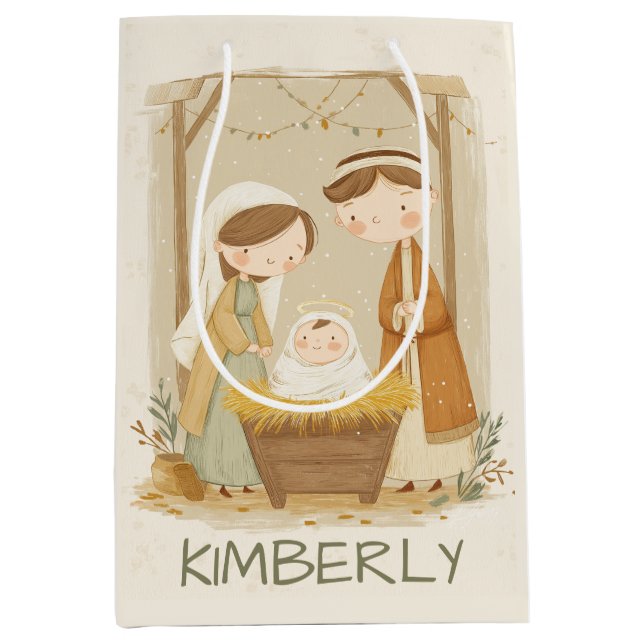 Personalised Cute Nativity Christmas Medium Gift Bag (Front)