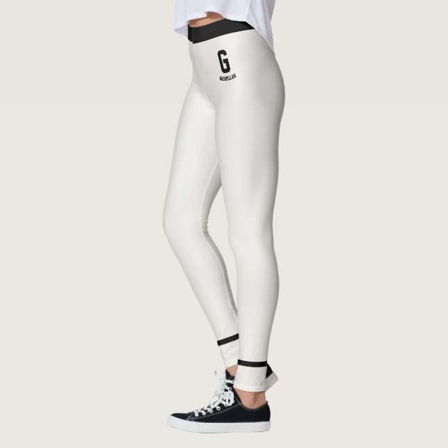 Personalised Cute Neutral Black Striped Monogram Leggings (Left)