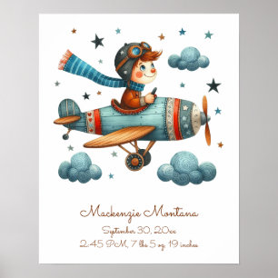 Personalised Cute Nursery Art Child Flying Plane Poster