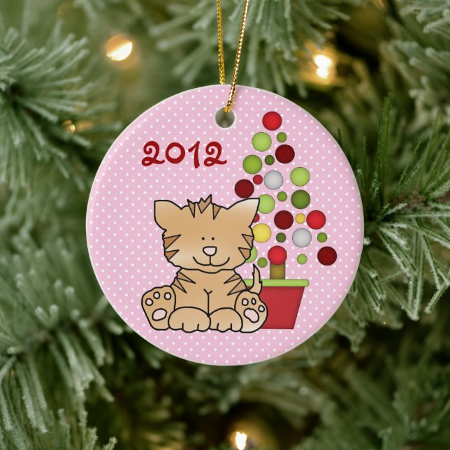 Personalised Cute Orange Cat, Holiday Tree on Pink Ceramic Ornament (Tree)