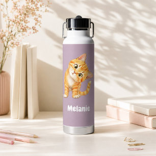Personalised Cute Orange Cat Mauve Kids Water Bottle
