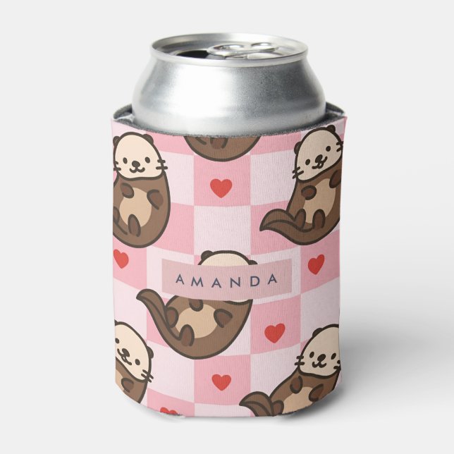 Personalised Cute Otter Love with Heart Pattern Can Cooler (Can Front)