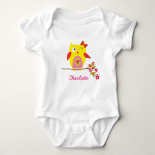 Personalised Cute Owl wit Pink Flowers Baby Bodysuit