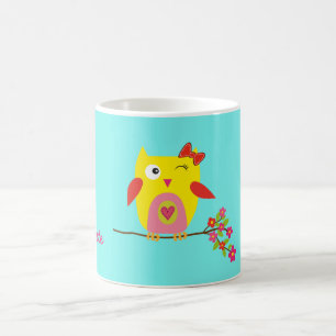 Personalised Cute Owl Yellow Pink Illustration Coffee Mug