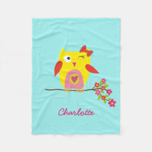 Personalised Cute Owl Yellow Pink Illustration Fleece Blanket