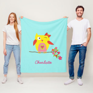 Personalised Cute Owl Yellow Pink Illustration Fleece Blanket