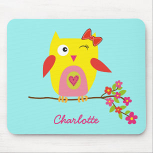 Personalised Cute Owl Yellow Pink Illustration Mouse Pad