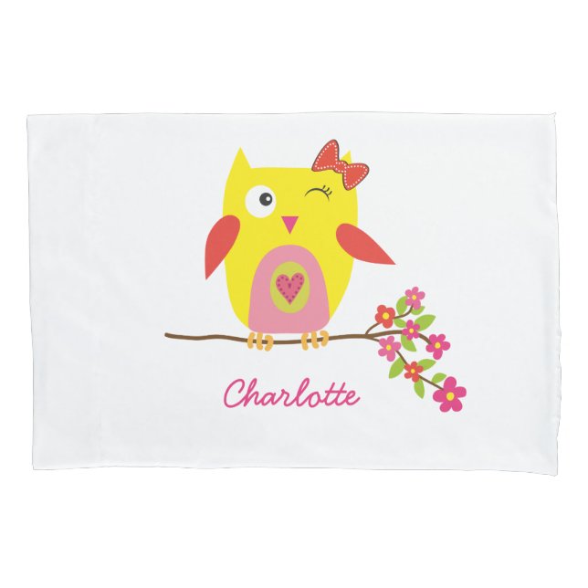 Personalised Cute Owl Yellow Pink Illustration Pillowcase (Front)