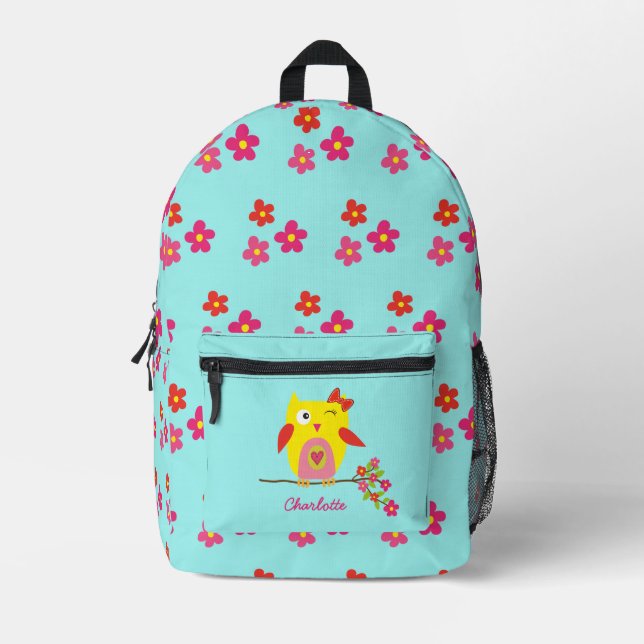Personalised Cute Owl Yellow Pink Illustration Printed Backpack (Front)