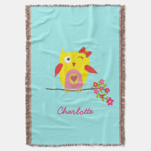 Personalised Cute Owl Yellow Pink Illustration Throw Blanket