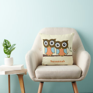 Personalised Cute Owls Blue Orange Trendy Patterns Cushion