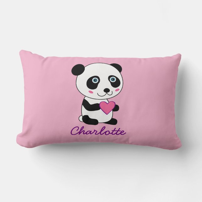 Personalised Cute Panda with a Pink Heart Lumbar Cushion (Front)