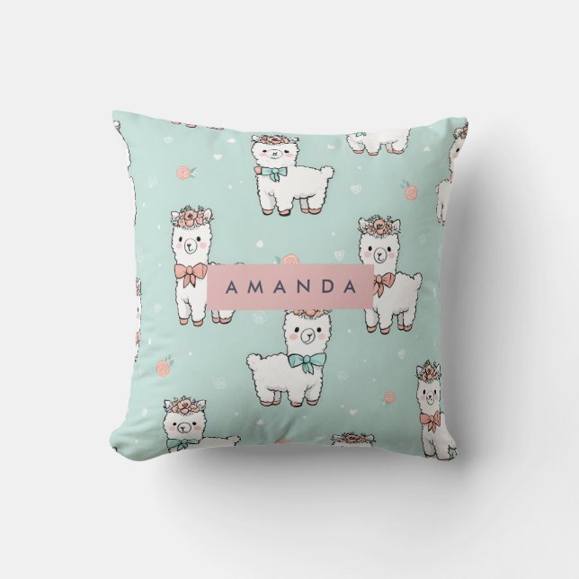 Personalised Cute Pastel Alpaca Pattern Cushion (Front)