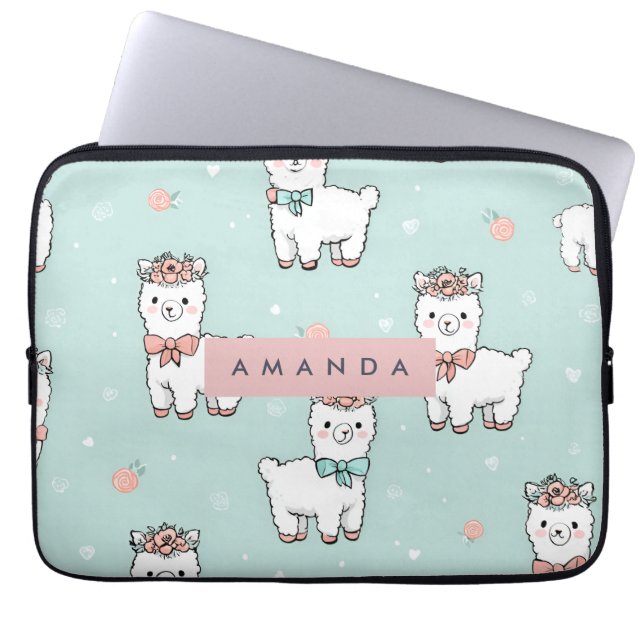 Personalised Cute Pastel Alpaca Pattern Laptop Sleeve (Front)