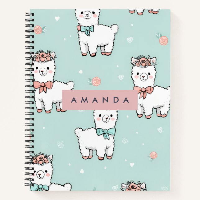 Personalised Cute Pastel Alpaca Pattern Notebook (Front)