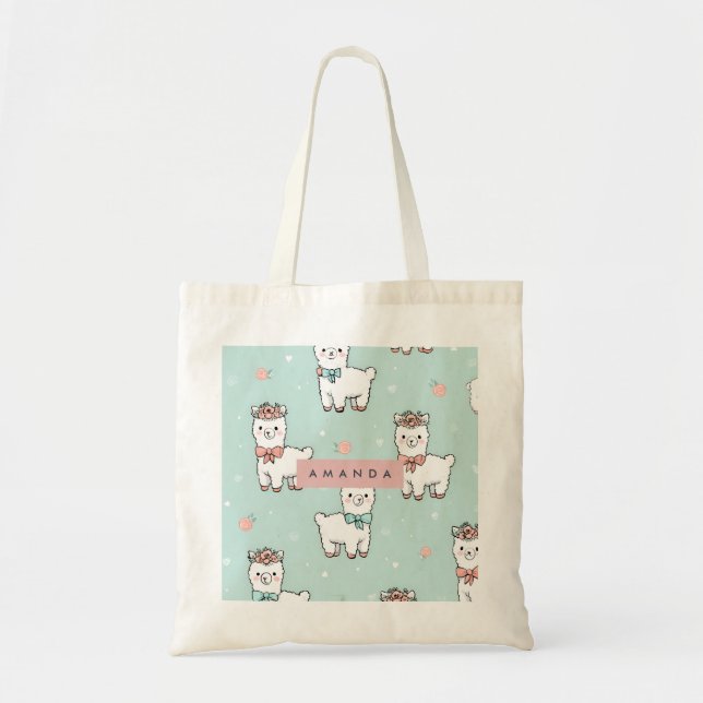Personalised Cute Pastel Alpaca Pattern Tote Bag (Front)
