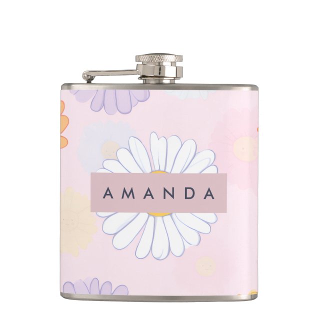 Personalised Cute Pastel Daisy Flower Hip Flask (Front)