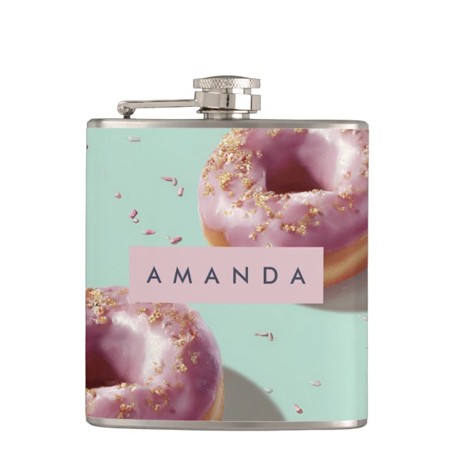 Personalised Cute Pastel Doughnuts & Sprinkles  Hip Flask (Front)