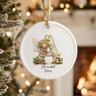 Personalised Cute Pastel Fairy Christmas Initial  Ceramic Ornament