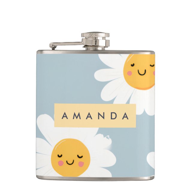 Personalised Cute Pastel Smiling Daisy Hip Flask (Front)
