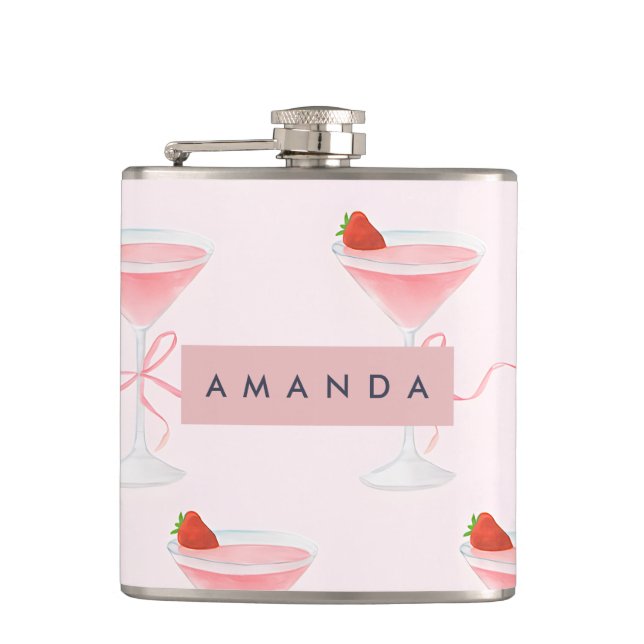 Personalised Cute Pastel Strawberry Juice Pattern Hip Flask (Front)