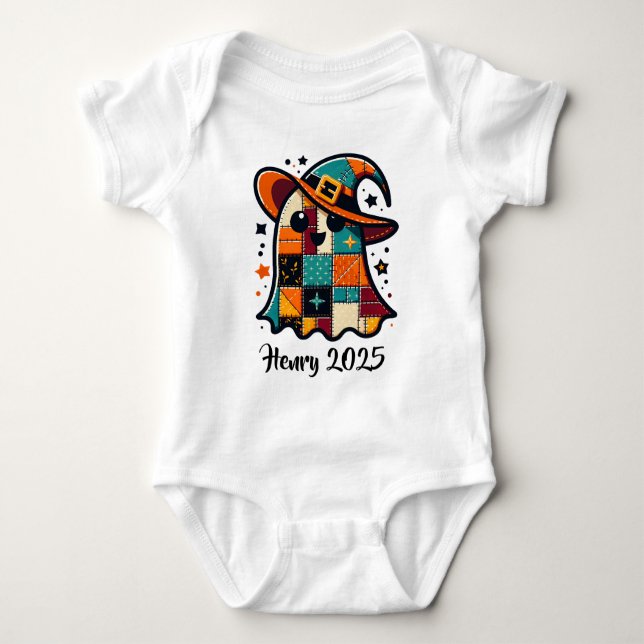 Personalised Cute Patchwork Ghost Halloween Baby Bodysuit (Front)