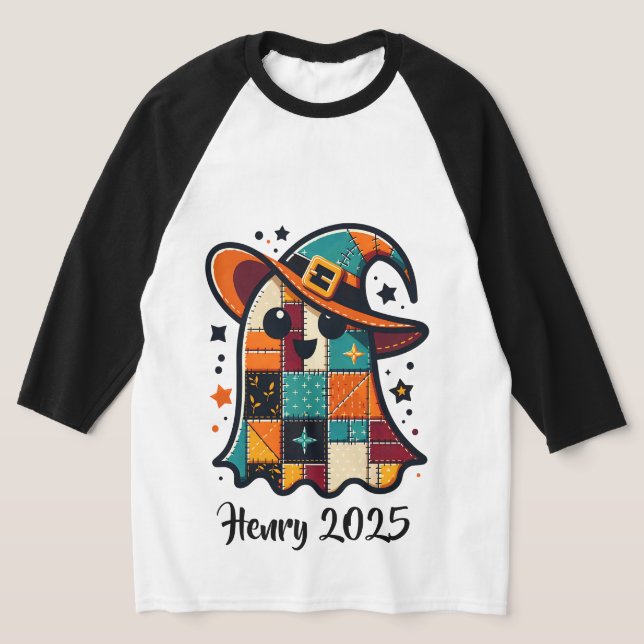 Personalised Cute Patchwork Ghost Halloween T-Shirt (Laydown)