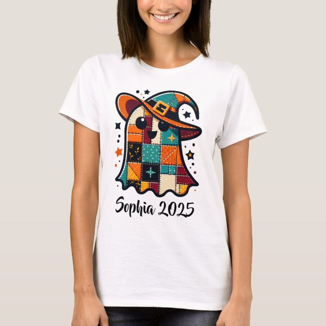 Personalised Cute Patchwork Ghost Halloween T-Shirt (Front)