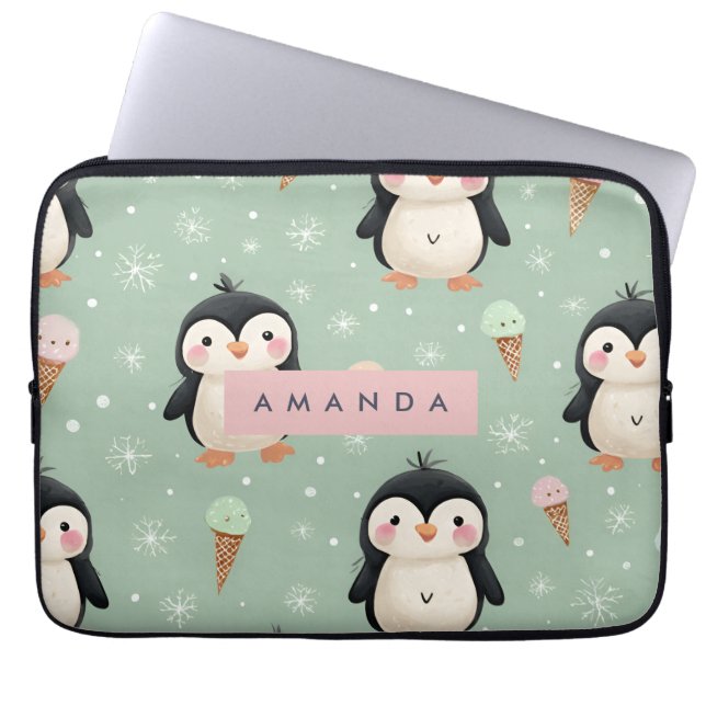 Personalised Cute Penguin & Ice Cream Pattern Laptop Sleeve (Front)