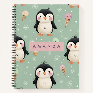 Personalised Cute Penguin & Ice Cream Pattern Notebook