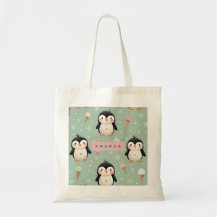 Personalised Cute Penguin & Ice Cream Pattern Tote Bag