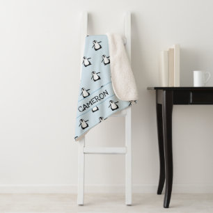 Personalised cute Penguin Illustration Baby Sherpa Blanket