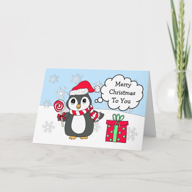 Personalised Cute Penguin on Winter Day Christmas Card (Front)