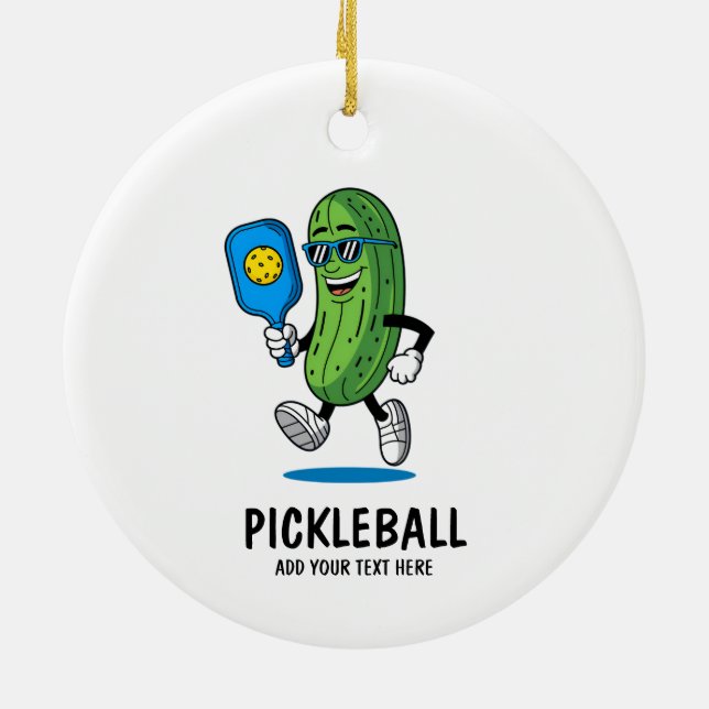 Personalised Cute Pickle Playing Pickleball Funny Ceramic Ornament (Back)