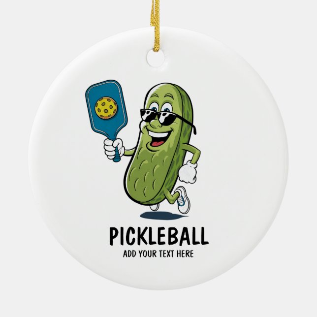 Personalised Cute Pickle Playing Pickleball Funny Ceramic Ornament (Back)