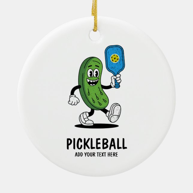 Personalised Cute Pickle Playing Pickleball Funny Ceramic Ornament (Back)