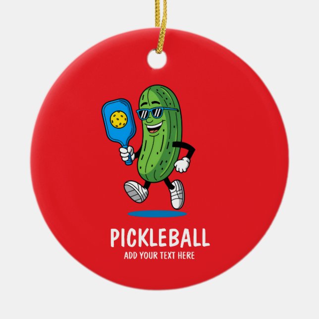 Personalised Cute Pickle Playing Pickleball Funny Ceramic Ornament (Front)
