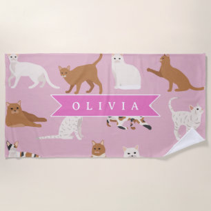 Personalised Cute Pink Cat Pattern Gift Cat Lover Beach Towel