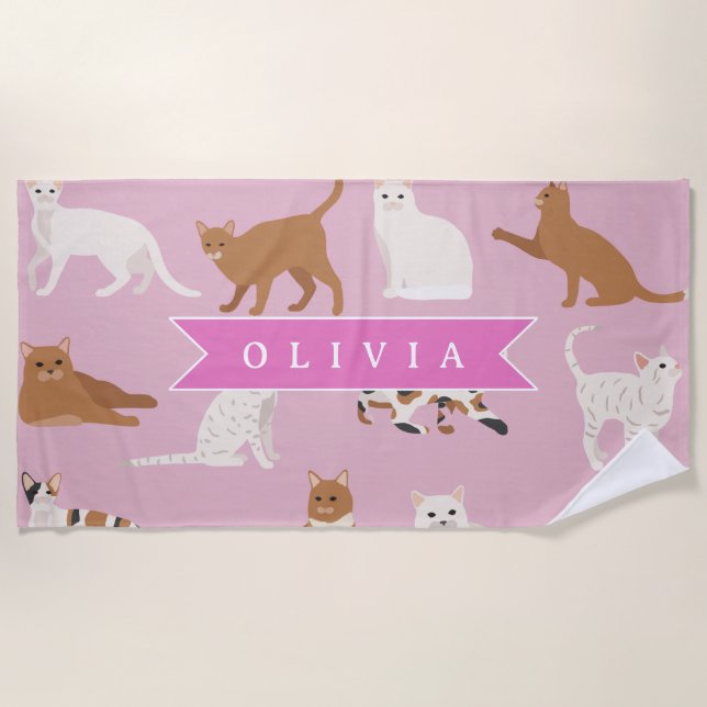 Personalised Cute Pink Cat Pattern Gift Cat Lover Beach Towel (Front)