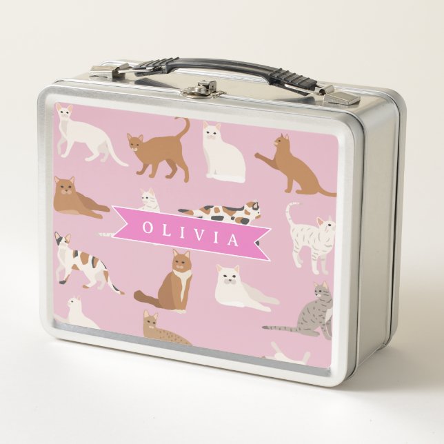 Personalised Cute Pink Cat Pattern Gift Cat Lover Metal Lunch Box (Front)