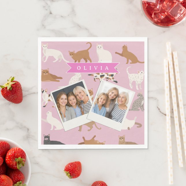 Personalised Cute Pink Cat Pattern Gift Cat Lover Napkin (Insitu)
