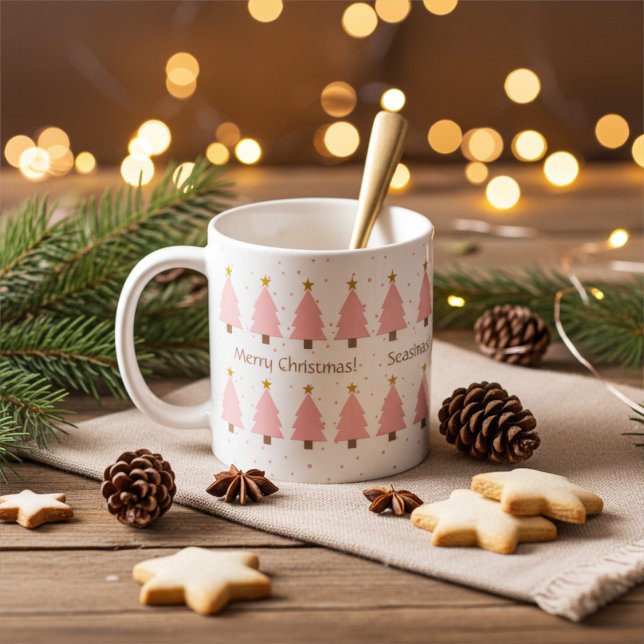 Personalised Cute Pink Christmas Trees, Gold Stars Coffee Mug (Creator Uploaded)