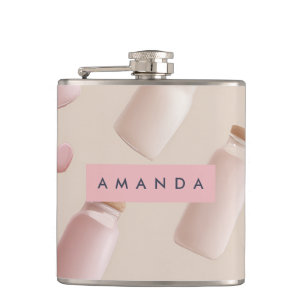 Personalised Cute Pink Cookie and Strawberry Milk Hip Flask