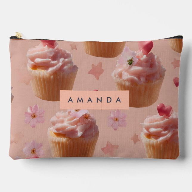 Personalised Cute Pink Cupcake Pattern Accessory Pouch (Front)