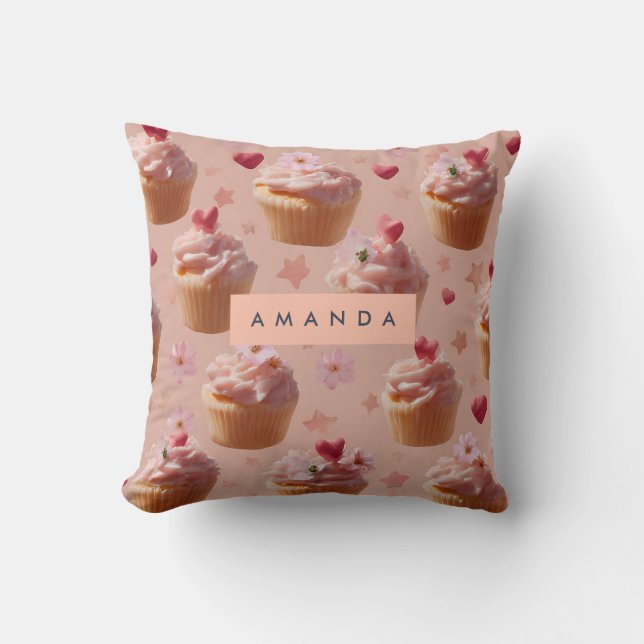 Personalised Cute Pink Cupcake Pattern Cushion (Front)